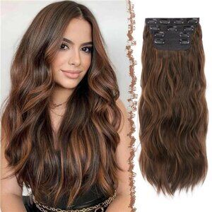 FESHFEN Clip in Hair Extensions for Women - 4 Pcs Thick Double Weft Long Wavy